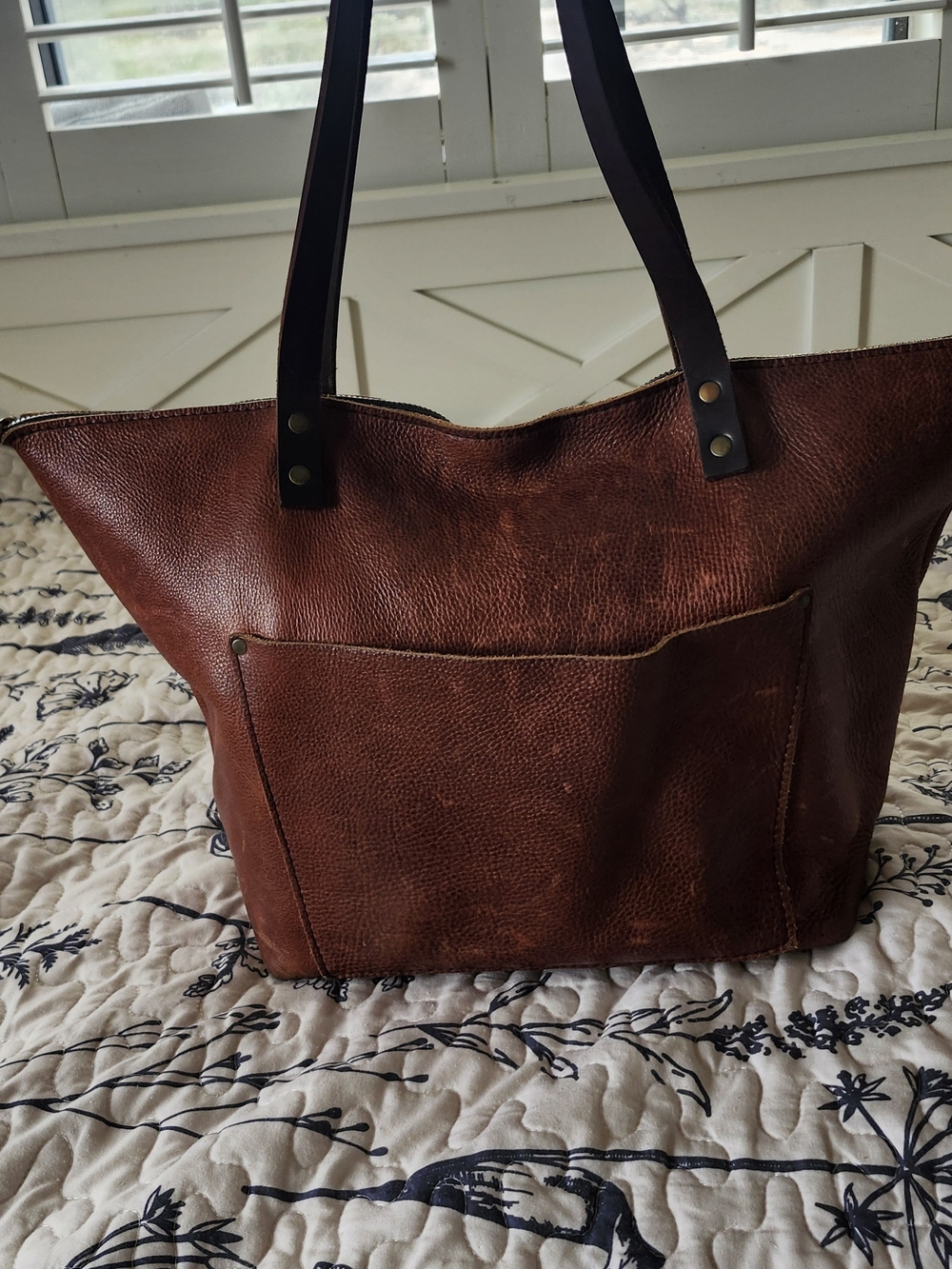 Portland Leather Large Rustic Chestnut Leather Tote with Dark Handles
